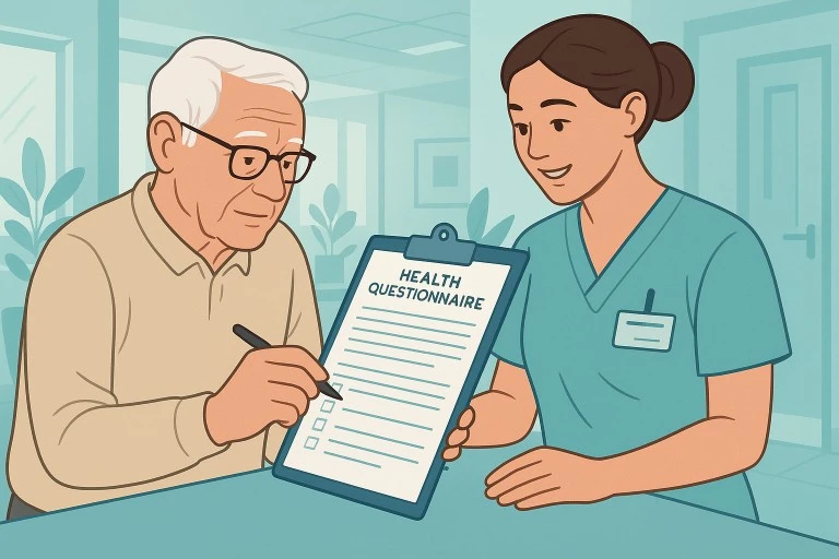 Patient Filling out Health Risk Assessment during his medicare annual wellness visit exam